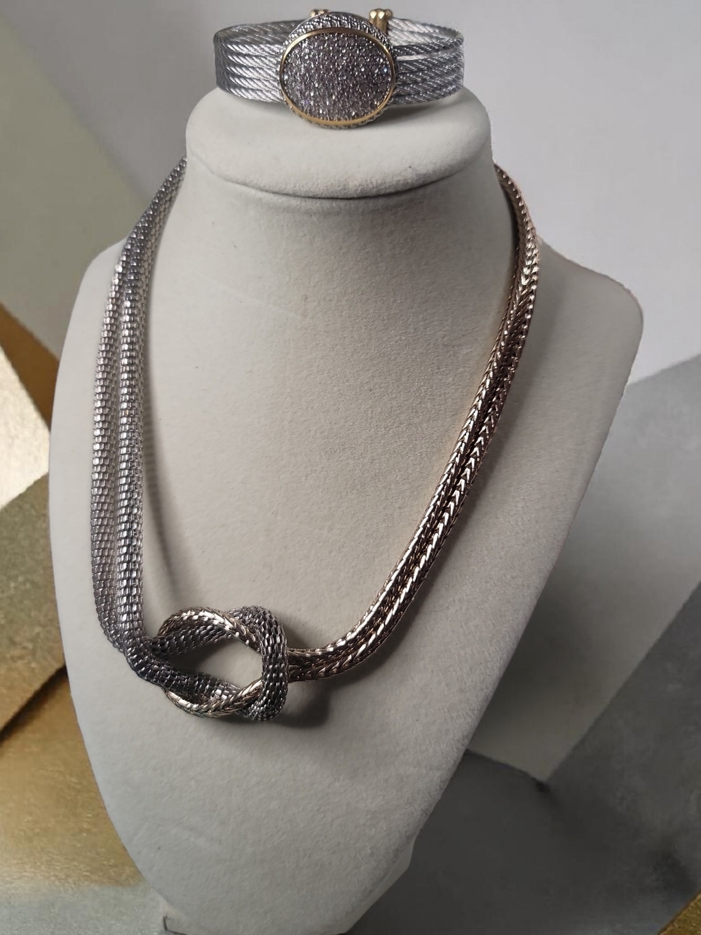 Silver and Rose Gold Two-Tone Knot Necklace by Loft And Silver Cuff Bracelet